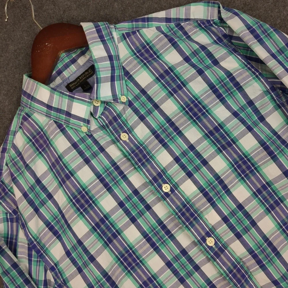 Banana Republic Mens Large Soft Wash Tailored Slim Fit Plaid‎ Button Down Shirt